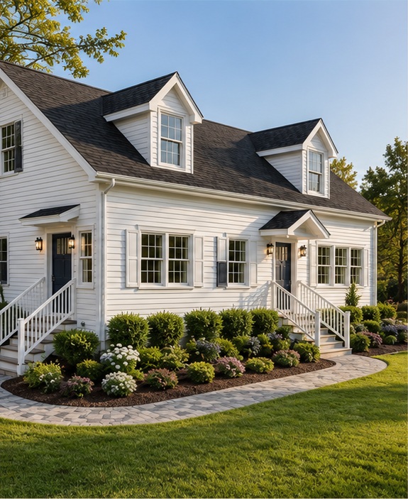 Hyperrealistic concept rendering of the Compact Multi-Level Residence with dormer windows and a landscaped stone path