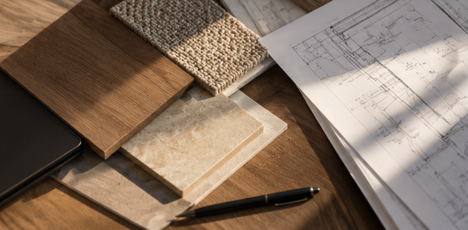 Wood, stone, and woven material samples arranged beside architectural drawings and a pen