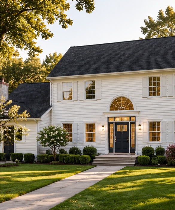 Hyperrealistic concept rendering of the Modern Family Home Design Plan with an arched entrance and landscaped front lawn