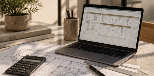 Laptop displaying a planning spreadsheet beside architectural drawings, a calculator, and drafting tools