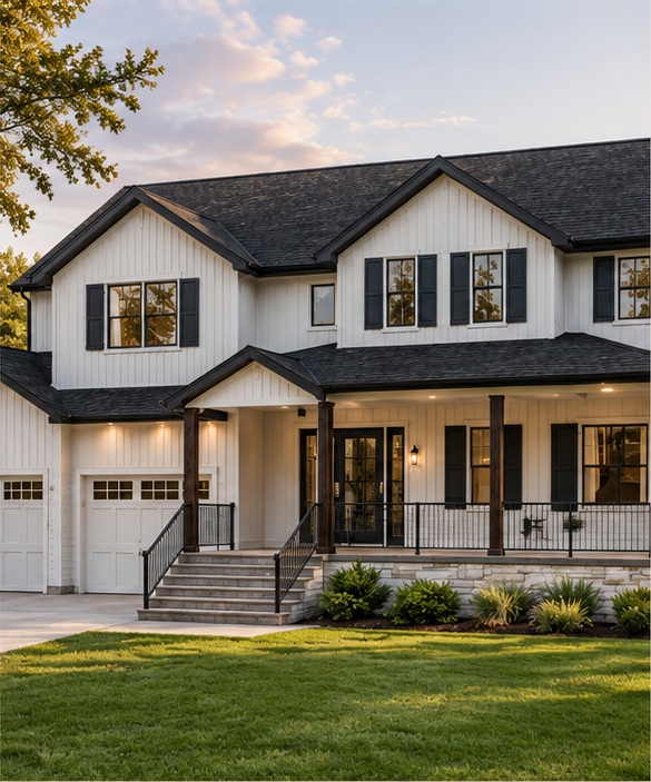 Hyperrealistic concept rendering of the Two-Story Luxury Family Residence with white siding, dark shutters, and a covered porch